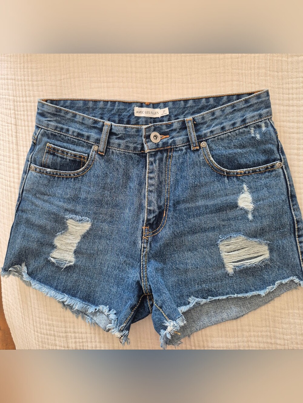 Avec Les Filles Medium Blue Distressed Denim Cutoff Shorts